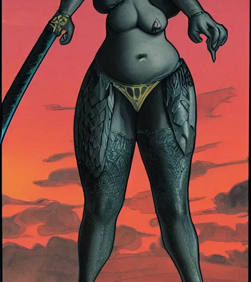 Image similar to 1 9 8 0 s fantasy novel book cover, bbw plus size amazonian natalie portman in extremely tight bikini armor wielding a cartoonishly large sword, exaggerated body features, dark and smoky background, low quality print