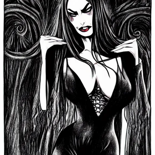 Image similar to a scary drawing of megan fox as morticia addams as death of the endless by junji ito, horror, madness