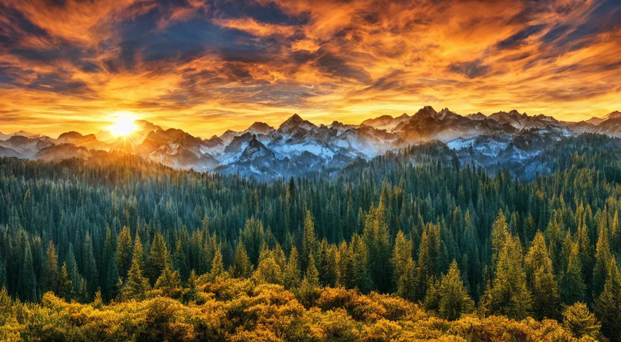 Image similar to epic forest mountain landscape with a majestic sunrise, high detail, high definition, photorealistic, 8k, hdr,