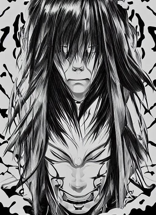 Image similar to digital _ painting _ of _ japanese horror manga horror black and white _ by _ filipe _ pagliuso _ and _ justin _ gerard _ symmetric _ fantasy _ highly _ detailed _ realistic _ intricate _ port