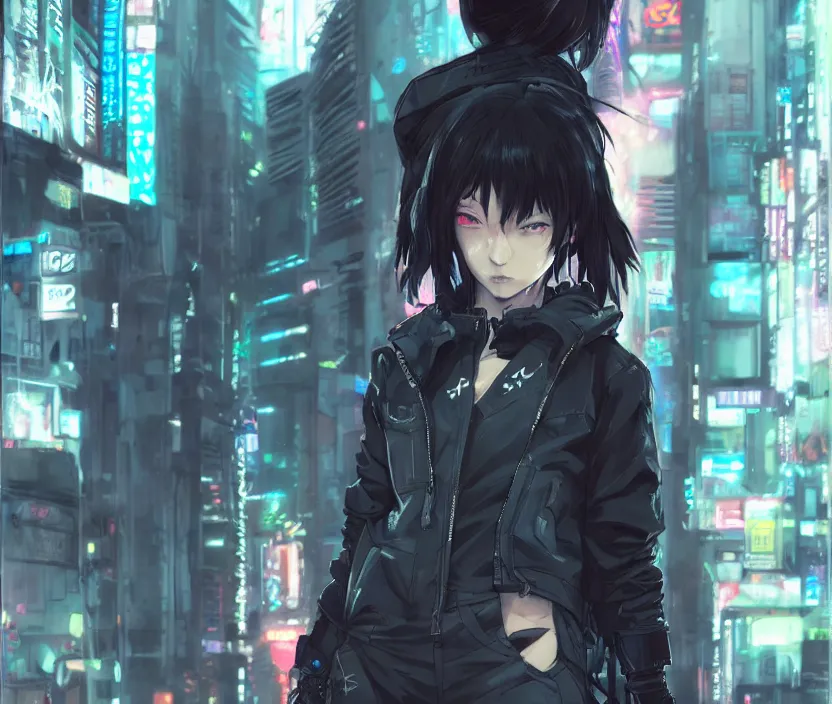 Image similar to cyberpunk anime girl in hoodie, grafity, neonpunk, alita, arcane, fortiche, action, tokyo street, detail, good face, pose model, concept art, in style of yoji shinkawa, pan ren wei, col price, atey ghailan, by greg rutkowski, aesthetic