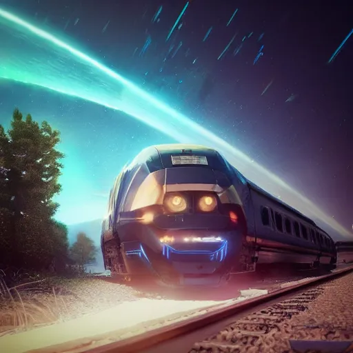 Prompt: “ trains you can ’ t tell are from the future or the past but they look cool as hell, night sky blazing with stars, astrophotography, octane rendering, trending on artstation ”