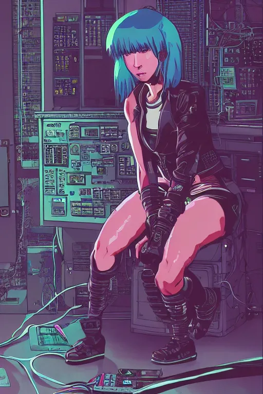 Image similar to hypedetailed cyberpunk illustration of motoko kusanagi seated on her knees in a tech lab, with messy wires and cables coming out of her head and back, by masamune shirow and katsuhiro otomo, colorful, complex, centered, wide angle, back view