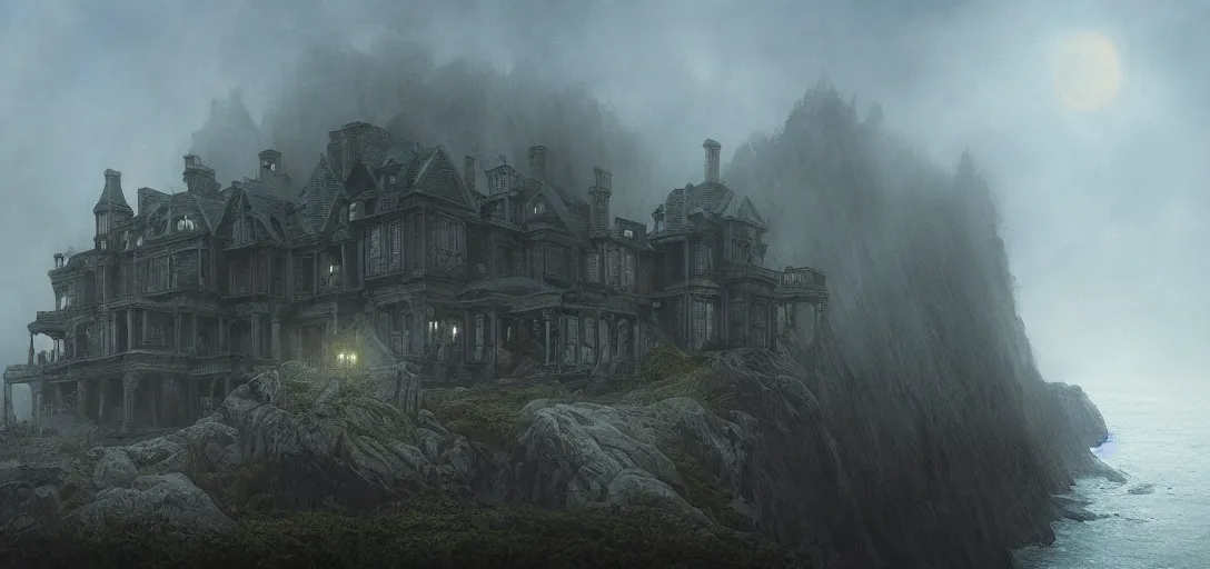 Image similar to victorian mansion hanging over a cliff by the ocean, horror, fog, scary, addams family style, 8k, james gurney, greg rutkowski, john howe, artstation