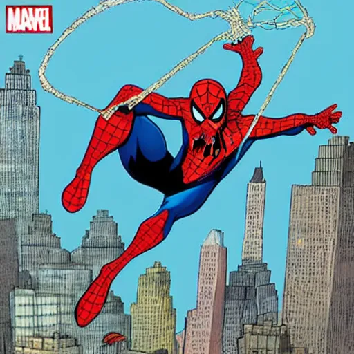 Prompt: spiderman swing on the new york, marvel illustration, by ghibli