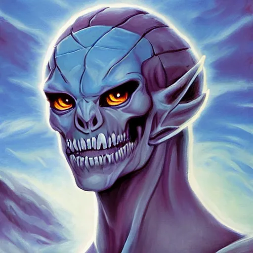 Prompt: avatar painting of skeletor, dnd beyond avatar portraits, beautiful, artistic, elegant, lens flare, magical, nature, realism, stylized, art by jeff easley and genndy tartakovsky
