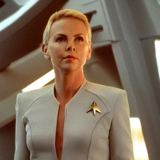 Image similar to movie film still of Charlize Theron as Beverly Crusher in a new Star Trek The Next Generation movie, cinematic