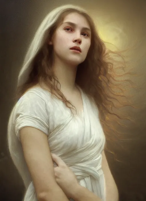 Image similar to oil painting close up portrait of a contemplative young norwegian woman with very long dark flowing hair in a dress made of white roses!! at sunset, hazy, digital art, chiaroscuro, artstation, cinematic, golden hour, digital art painting by greg rutkowski, william - adolphe bouguereau, hazy atmosphere, cinematic lighting