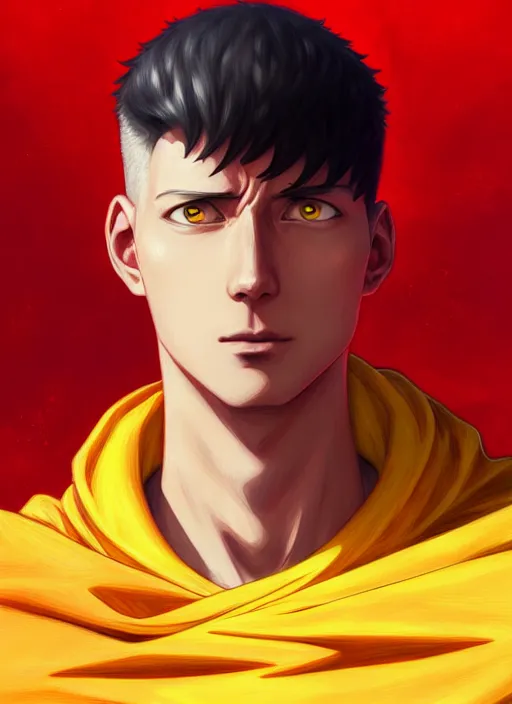 Prompt: handsome saitama, half body shot, path traced, red and yellow, cape, highly detailed, high quality, digital painting, alena aenami, lilia alvarado, shinji aramaki, karol bak, alphonse mucha, tom bagshaw