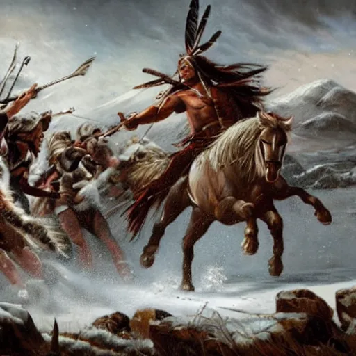 Prompt: majestic native americans fighting cyborg white men in a snowy field, landscape, hyper realistic,