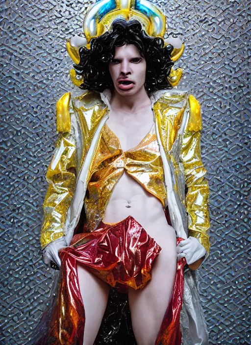 Image similar to photo of baroque and bladerunner delicate neon diamond sculpture of ceramic albino king santiago cabrera seductive delicious tongue out, creamy red iridescent humanoid deity wearing white puffy hoody holding diamond skull in a yellow metallic dungeon, reclining, glowing rainbow face, crown of white diamonds, cinematic lighting, photorealistic, octane render 8 k depth of field 3 d