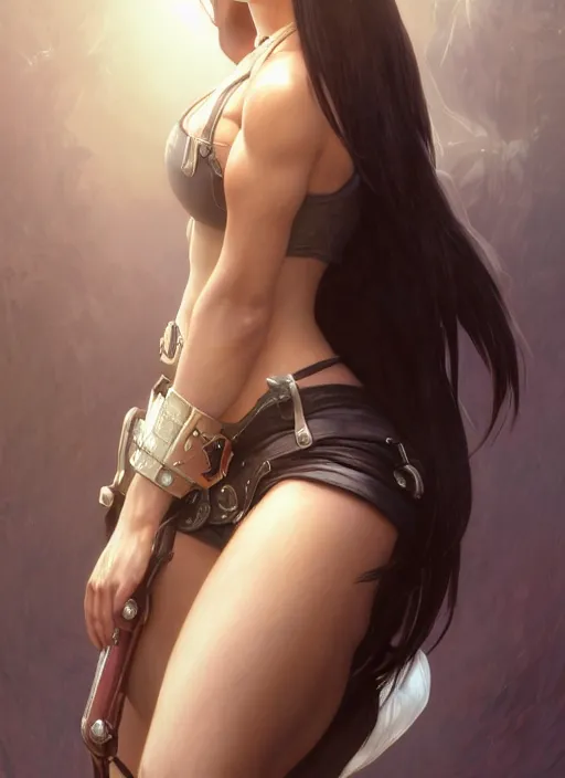 Prompt: portrait of tifa lockhart, final fantasy, cinematic lighting, intricate, elegant, highly detailed, digital painting, artstation, smooth, sharp focus, illustration, art by artgerm and greg rutkowski and zdislav beksinski and alphonse mucha and wayne barlowe and william - adolphe bouguereau