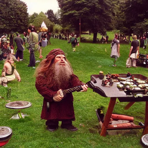 Prompt: a beatiful dwarven festival in 1994 in a fertile green park with surreal elven nature, a gnome rock band concert and dwarven BBQ