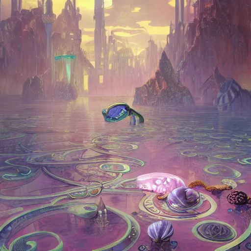 Prompt: a beautiful stunning fantasy whimsical matte digital storybook painting of the underwater city of Atlantis, art nouveau, bubbles splash shells fish details, pastel color palette, by Alphonse Mucha and Tyler Edlin, trending on artstation hq