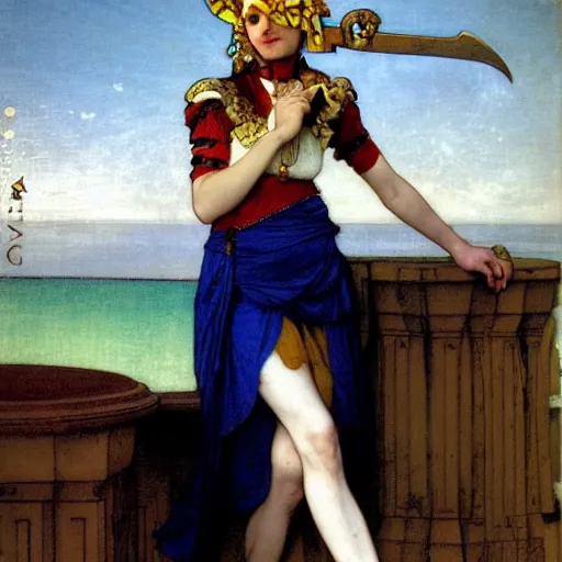 Image similar to A girl with jester clothes and a sword on the front of a Balustrade with a beach on the background, major arcana clothes, by paul delaroche, alphonse mucha and arnold böcklin arnold böcklin hyperrealistic 8k, very detailed