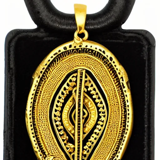 Image similar to african golden amulet, ornate details, damaged, patterns and symbols all around the amulet, clean white background