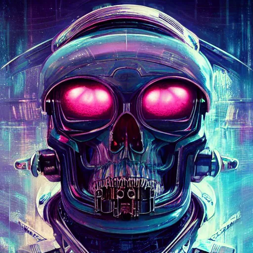 Prompt: portrait of a futuristic space pirate skull. VR helmet broken. sci-fi Iridium visor. intricate abstract. intricate spaceship decor. nightmare fuel. terrifying. warhammer 40k. Ghost in the Shell style, by Tooth Wu, Wlop, Beeple, Dan Mumford. octane render, trending on artstation, Greg Rutkowski very coherent symmetrical artwork. cinematic, hyper realism, high detail, octane render, 8k, iridescent accents, black and white