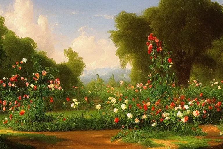 Image similar to A beautiful painting of a rose garden, Thomas Cole, oil on canvas