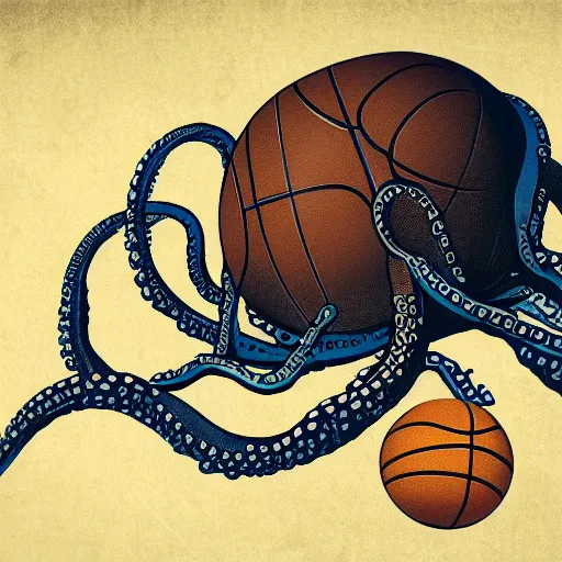 Image similar to octopus with past as its tentacles, and a basketball as its body