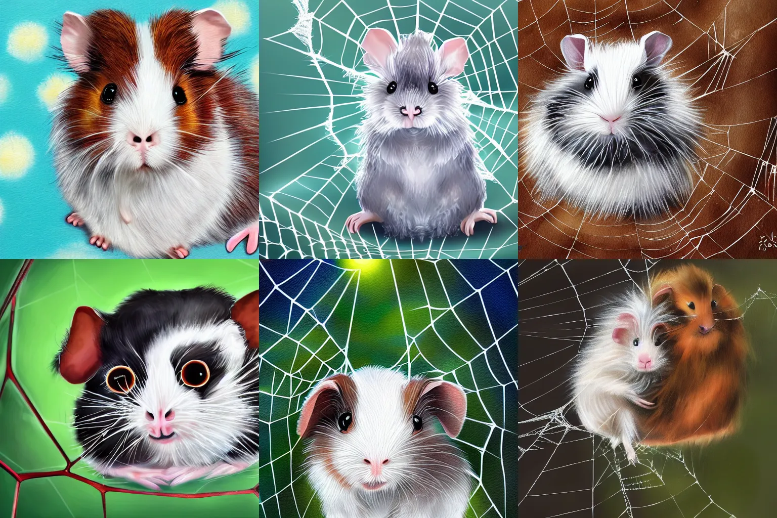 Prompt: hybrid animal cross between spider and guinea pig sitting in a cobweb detailed furry cute painting 4 k