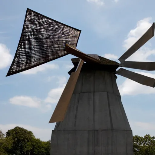 Image similar to [Sculpture of St.Georges fighting a windmill in the style of futurist brutalism, concrete, in an art gallery]