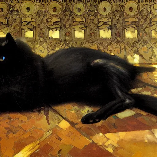 Image similar to a black cat laying sideways, art by jeremy mann and alphonse mucha, fantasy art, photo realistic, dynamic lighting, artstation, poster, volumetric lighting, very detailed face, 4 k, black, octane render, hyperrealistic portrait, art by elysium,