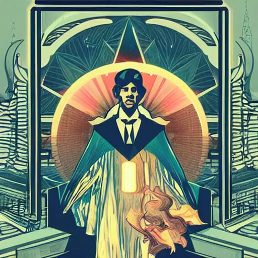 Image similar to majestic futuristic visionary inventor nikola tesla tarot crad by sachin teng, artgerm, alphonse mucha, masterpiece, organic painting, matte painting, technical geometrical drawing shapes, lightning electricity coil, hard edges, graffiti, screen printing poster art by sachin teng