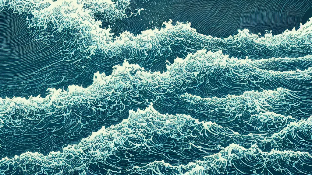 Prompt: highly detailed illustration of high exposure ocean waves at night by moebius, nico delort, oliver vernon, kilian eng, joseph moncada, damon soule, manabu ikeda, kyle hotz, dan mumford, otomo, 4 k resolution