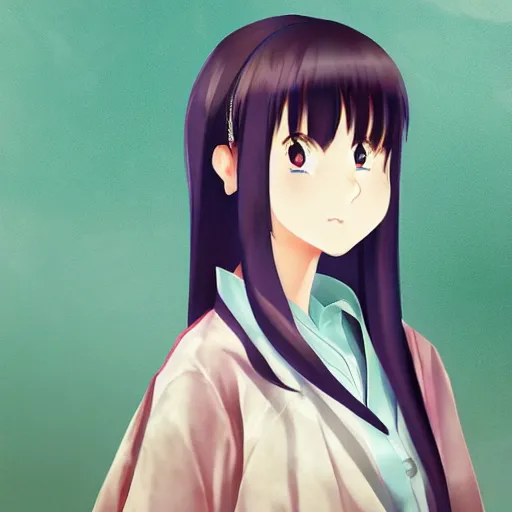 Image similar to a high detail portrait of japanese anime high school girl by makoto sinkai, in simple background