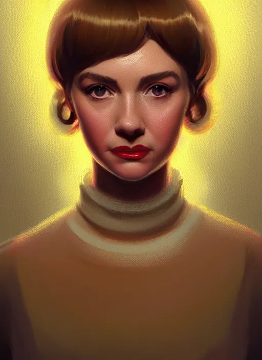 Image similar to portrait of betty cooper with fluffy bangs, bangs, 1 9 6 0 s, ponytail, curly bangs and ponytail, rounder face, intricate, elegant, glowing lights, highly detailed, digital painting, artstation, concept art, smooth, sharp focus, illustration, art by wlop, mars ravelo and greg rutkowski