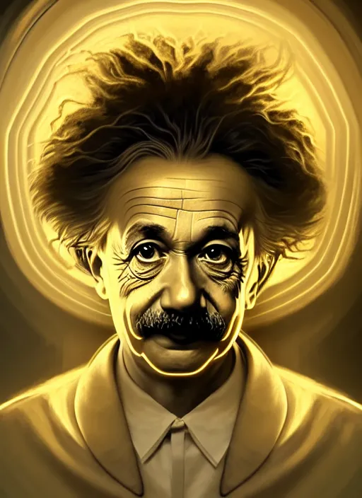 Image similar to symmetry!! portrait of einstein, sci - fi, glowing lights!! intricate, elegant, highly detailed, digital painting, artstation, concept art, smooth, sharp focus, illustration, art by artgerm and greg rutkowski and alphonse mucha, 8 k