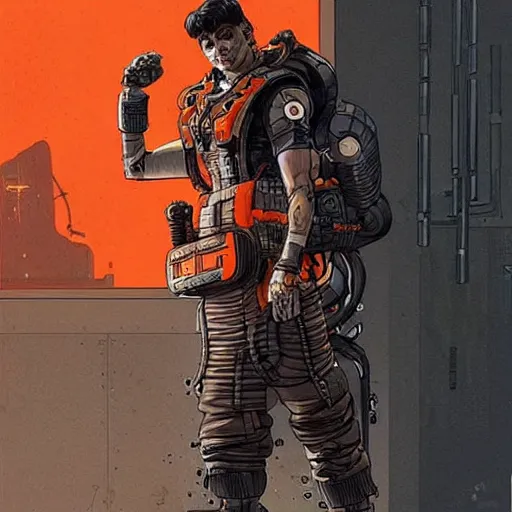 Image similar to cyberpunk mechanic dude with robotic calves. orange and black color scheme. concept art by james gurney and mœbius. apex legends character art