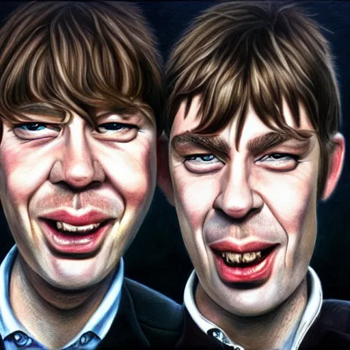 Image similar to Caricature portraits done of the band Blur, realistic, hyperrealistic, very realistic, highly detailed, very detailed, extremely detailed, detailed, oil painting, digital art, trending on artstation