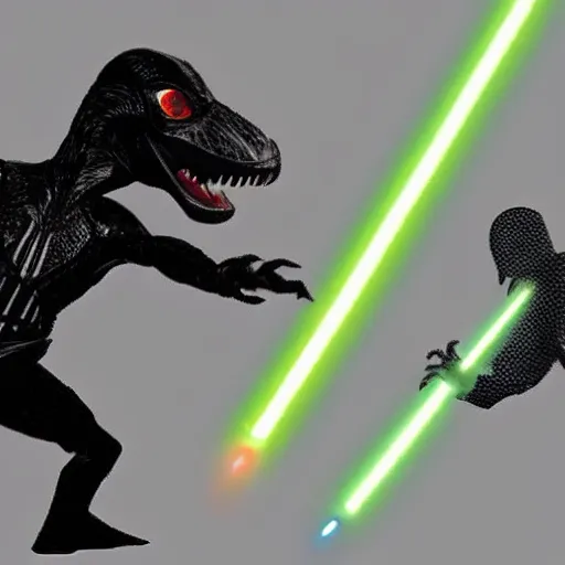 Prompt: a velociraptor with a lightsaber fights darth vader