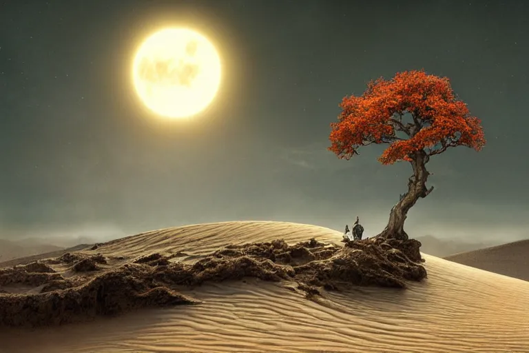 Prompt: cinematic fantasy landscape painting, an eclipse, over an autumn maple bonsai growing alone on a desolate sand dune in front of a primordial mountainous desert landscape of bones by hr giger and jessica rossier