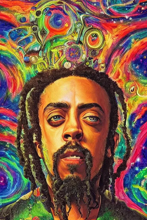 Image similar to a high hyper detailed painting with many complex textures of damian marley making music in the cosmos, cosmic surreal psychedelic magic realism spiritual ufo art