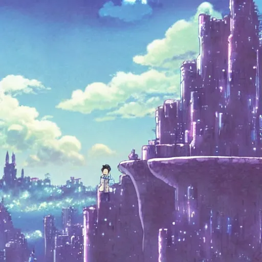 Image similar to castle in the sky, cyberpunk, studio ghibli, violet sky, anime background