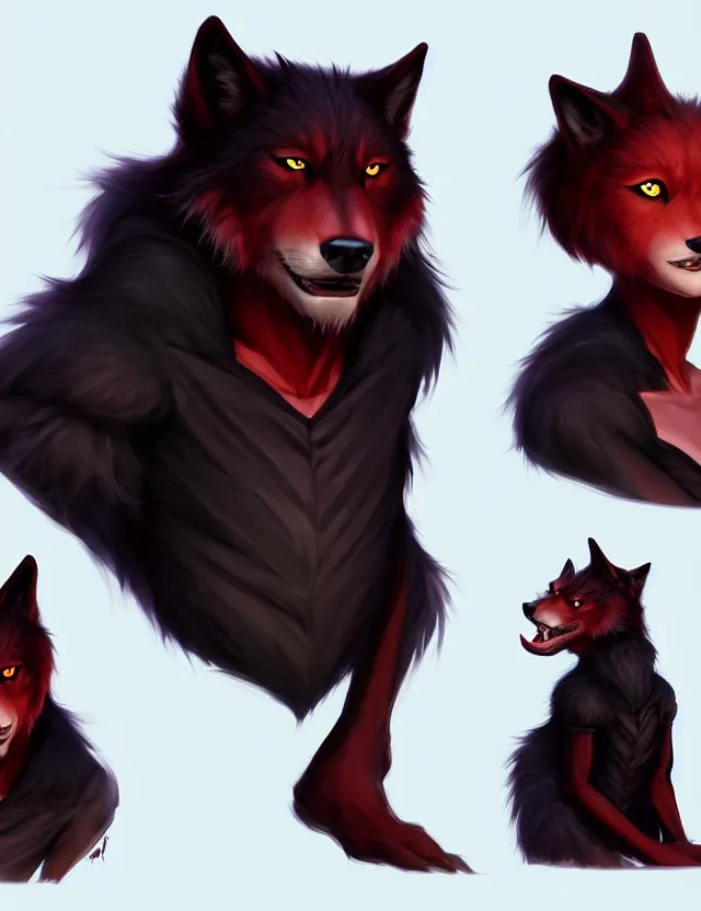 Image similar to character concept art of a black anthropomorphic male furry wolf long red hair | | cute - fine - face, pretty face, key visual, realistic shaded perfect face, fine details by stanley artgerm lau, wlop, rossdraws, james jean, andrei riabovitchev, marc simonetti, and sakimichan, trending on artstation