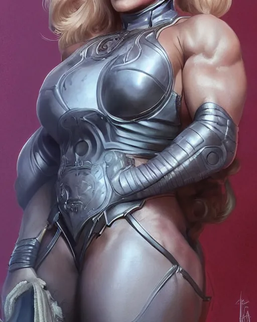 Image similar to full figure ultra realistic illustration, margot robbie as thick female bodybuilder witch zarya from overwatch smiling with closed eyes, intricate, elegant, highly detailed, digital painting, artstation, concept art, smooth, sharp focus, illustration, art by artgerm and greg rutkowski and alphonse mucha