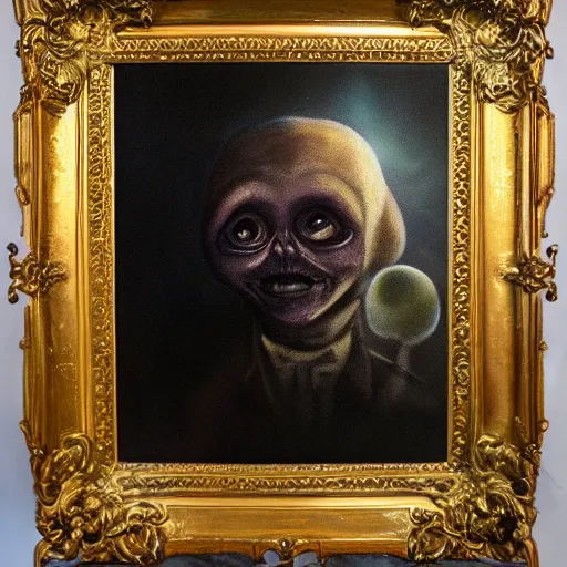 Prompt: high quality oil painting portrait of E.T. extra terrestrial in victorian manchester, dark background, high fantasy, perfect lighting