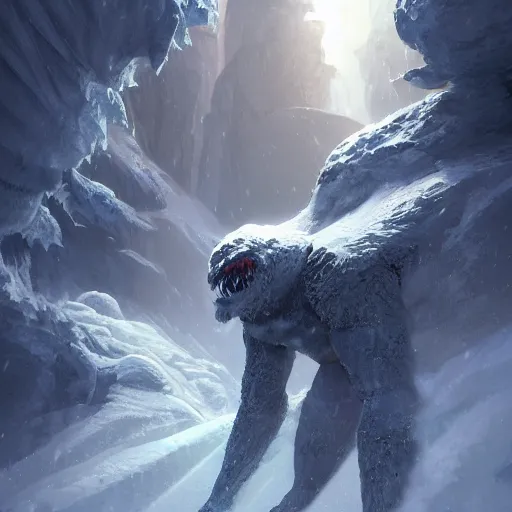 Image similar to A monster in the Arctic covered in snow, fractal Lighting, by Stanley Artgerm Lau, WLOP, Rossdraws, James Jean, Andrei Riabovitchev, Marc Simonetti, and Sakimichan, trending on artstation