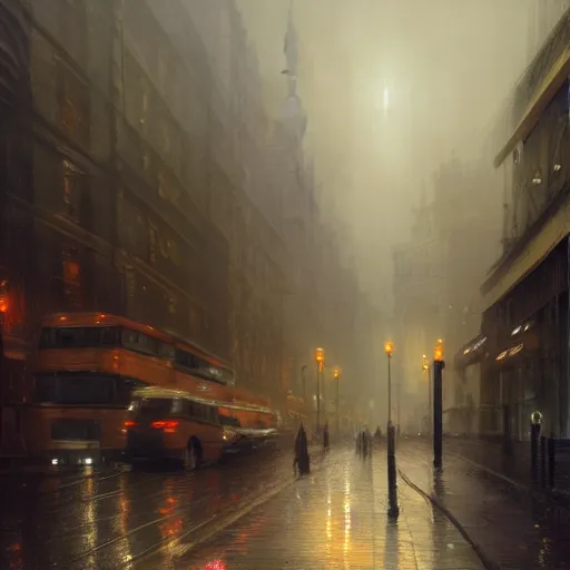 Image similar to nighttime in London, wet pavement, street level view, light mist, fantasy, intricate, elegant, digital painting, trending on artstation, concept art, illustration by greg rutkowski, Gaston Bussiere and artgerm, 4k.