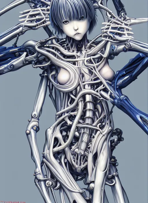 Image similar to Rei Ayanami by Yoshitaka Amano, by HR Giger, biomechanical, 4k, hyper detailed, hyperrealism, anime