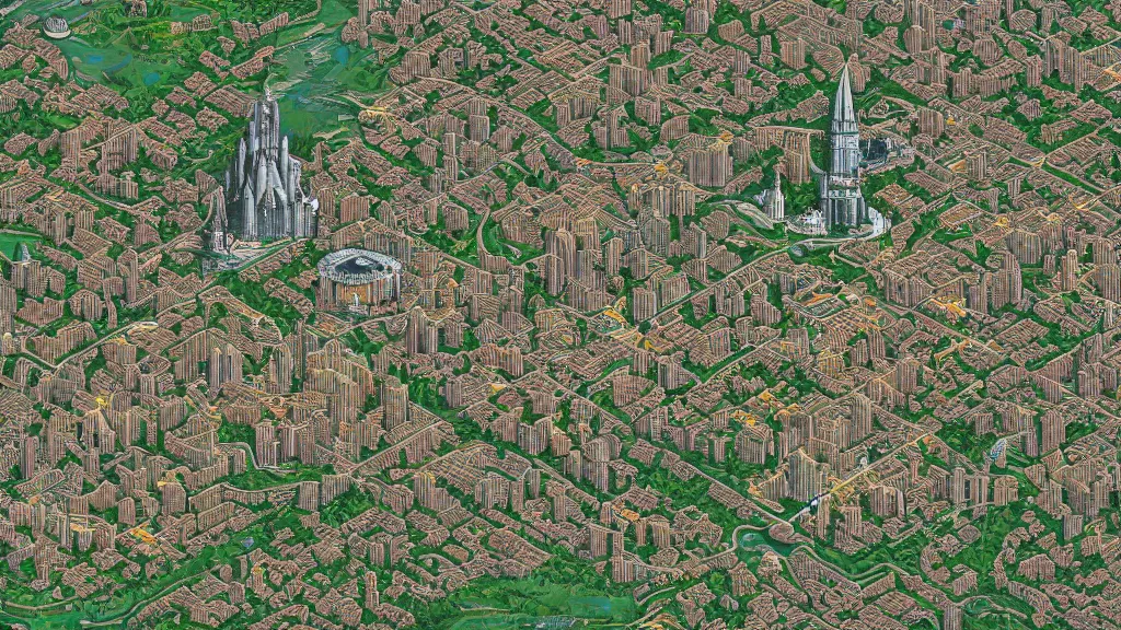 Prompt: a overhead map of a large holy city with a large tower in the center surrounded by rivers and a forest, trending on artstation