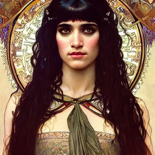 Prompt: realistic detailed face portrait of sofia boutella as cleopatra by alphonse mucha, ayami kojima, amano, charlie bowater, karol bak, greg hildebrandt, jean delville, and mark brooks, art nouveau, neo - gothic, egyptian, rich deep moody colors