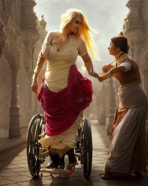 Prompt: Painting of a blonde lady pushing an obese indian lady in a wheelchair,real life skin, intricate, elegant, highly detailed, artstation, concept art, smooth, sharp focus, art by artgerm and greg rutkowski and alphonse mucha