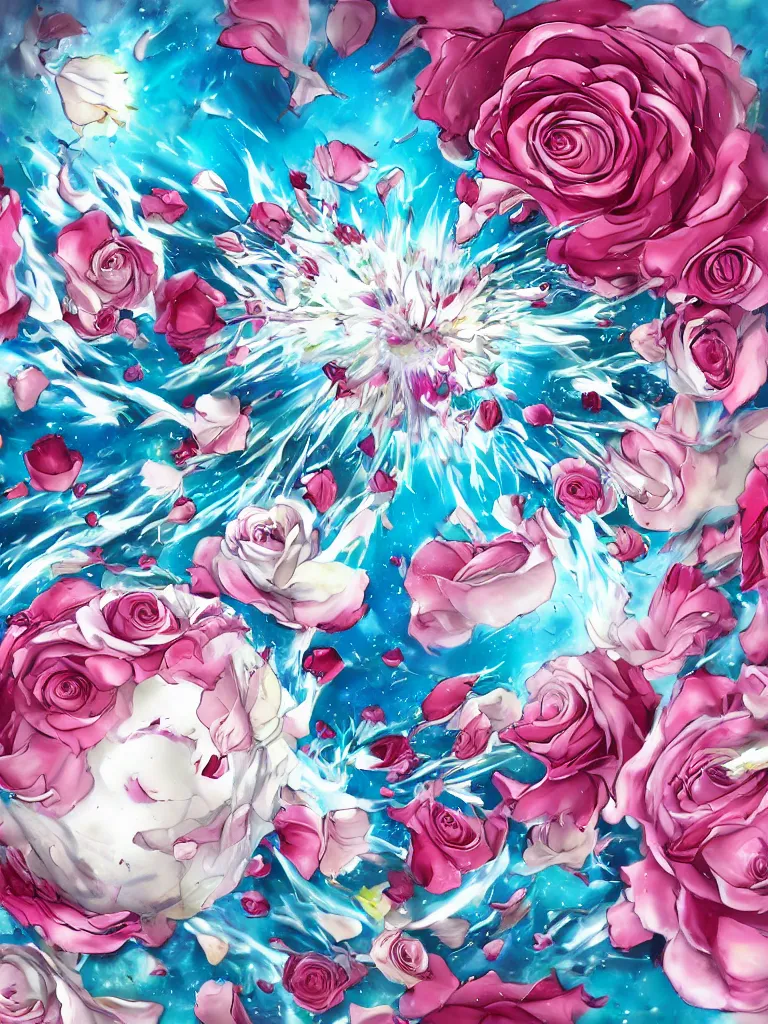 Prompt: hadoken force ball of white and pink roses, flowers exploding and splattering, blue sky, big puffy clouds, spraypaint, wildstyle, totem 2, exploding roses, hodouken, large rose petals, lotus petals, large triangular shapes, studio ghibli anime, radiant lighting, artgerm, manga, trending on artstation, art nouveau, mature colors