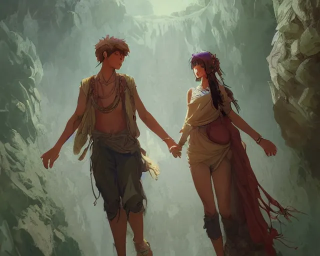 Image similar to a cinematic boy girl traditional romance moment, exploring the caves boho clothing, full body illustration, bestselling movie art poster, official media, 1970s fashion, dynamic lighting official anime media, incredible art by artgerm and greg rutkowski