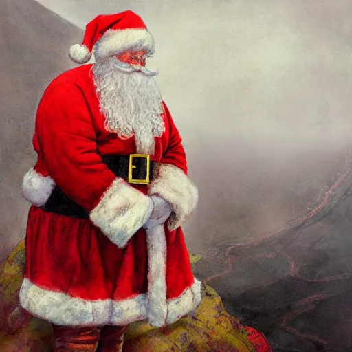 Image similar to Portrait Portrait of Santa Claus the Rotund Elf emerging from his signature red outfit whilst standing atop volcano greg rutkowski dan witz paul klee andrew wyeth tom bagshaw stanton feng bastien lecouffe-deharme tombow oil painting