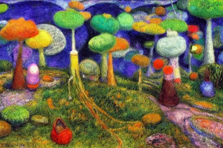 Image similar to an uncanny landscape from pikmin ( 2 0 0 1 ) painted by william james glackens